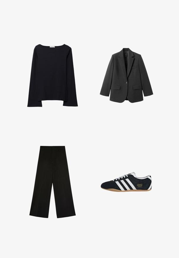 Blazer noir en tissu lisse, doté d'un revers cranté, d'une fermeture à un bouton et de deux poches avant. Design simple et ajusté.; Haut noir à manches longues avec un large col rond, coupe décontractée et texture douce. Comprend un ourlet arrière légèrement plus long et sans ornements supplémentaires.; Pantalon noir à jambes larges avec fermeture par bouton et zip, passants de ceinture et plis d’avant, posé à plat sur fond blanc.; Sneakers en suede noir avec trois bandes blanches, logo doré et semelle en caoutchouc marron. Présente un design à lacets à profil bas.