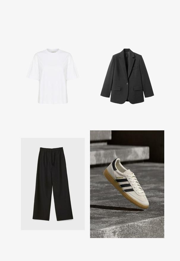 Blazer noir en tissu lisse, doté d'un revers cranté, d'une fermeture à un bouton et de deux poches avant. Design simple et ajusté.; T-shirt en coton blanc avec un col rond, des manches courtes et une coupe décontractée. Présente des coutures latérales et un ourlet droit. Design simple et épuré.; Pantalons larges noirs avec taille élastique, présentés à plat sur un fond clair.; Baskets Adidas Spezial blanches avec des rayures noires et une semelle en gomme flottant au-dessus de marches en pierre grises à l'extérieur.