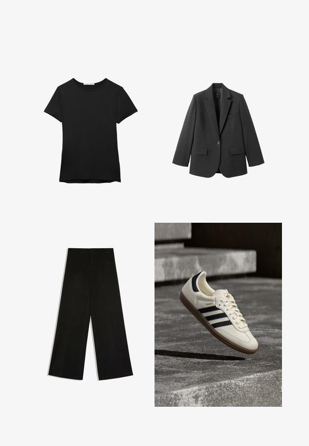 Schwarzer Blazer aus glattem Stoff mit Reverskragen, Ein-Knopf-Verschluss und zwei Vorderentaschen. Einfaches, maßgeschneidertes Design.; Schwarzes kurzärmliges T-Shirt aus glattem Stoff. Mit Rundhalsausschnitt und einer lockeren Passform sowie einem geraden Saum.; Schwarze Hosen mit weitem Bein, Gürtelschlaufen, Knopfverschluss vorne und Reißverschluss, flach auf weißem Hintergrund ausgelegt.; Weißer Adidas Samba Sneaker mit schwarzen Streifen und Gummisohle, schwebend über strukturierten grauen Betontreppen.