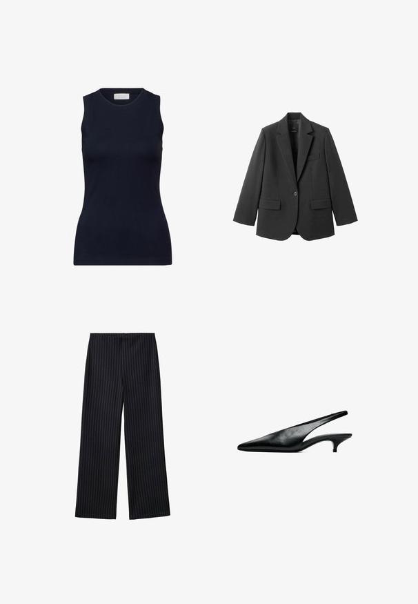 Sort blazer lavet af glat stof med en hakket revers, enkelt knaplukning og to forlommer. Enkel, skræddersyet design.; Marineblå ærmeløs top lavet af glat bomuld, med en rund halsudskæring og en tætsiddende pasform uden pynt. Afslappet og alsidig.; Sorte, smalle stribede bukser med brede ben, glat tekstur og en høj talje. Stoffet har en subtil glans og falder løst.; Sort læder slingback kitten heel sko med spids tå og lav buet hæl på hvid baggrund.