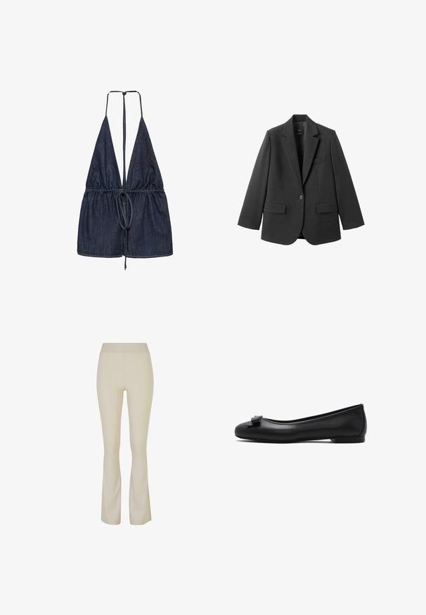 Sort blazer lavet af glat stof med en hakket revers, enkelt knaplukning og to forlommer. Enkel, skræddersyet design.; Jeans-overdel med en dyb V-udskæring og justerbare bånd. Har samlet stof ved taljen med en indsnævret design, i en mørkeblå nuance.; Beige udvidede bukser lavet af strækbart stof, med høj talje og subtile slidser i siderne ved kanten for ekstra detalje.; Sort læder ballerina med en lille sløjfedekoration på den afrundede tå og en lav hæl, vist i profil.