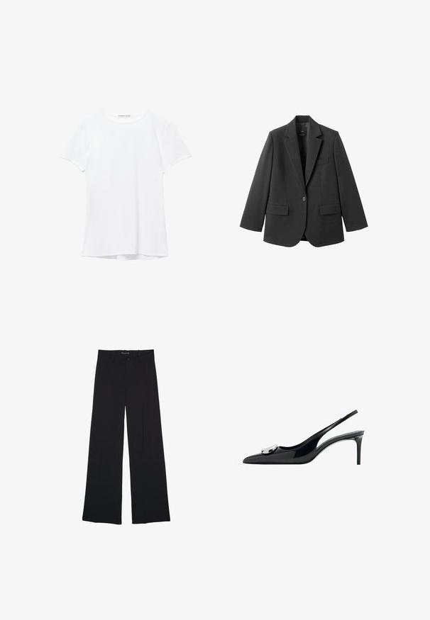 Blazer noir en tissu lisse, doté d'un revers cranté, d'une fermeture à un bouton et de deux poches avant. Design simple et ajusté.; T-shirt blanc à manches courtes en tissu lisse, avec un col rond et de subtils détails de couture à l'ourlet.; Pantalon noir à jambes larges avec passants de ceinture, bouton frontal et fermeture éclair, étalé à plat sur un fond blanc.; Escarpin bride arrière en cuir verni noir avec bout pointu, talon fin et un accent métallique arrondi sur le dessus. Texture lisse.