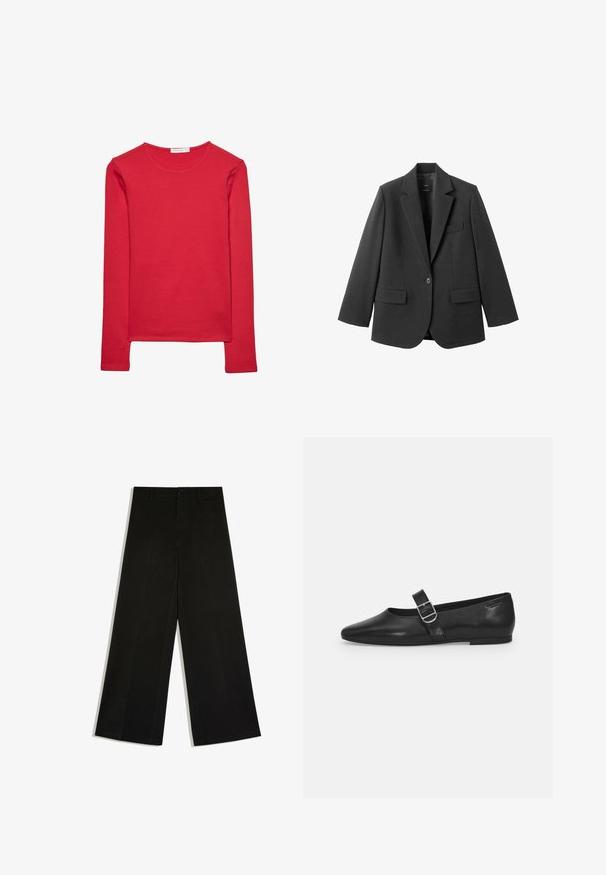 Blazer noir en tissu lisse, doté d'un revers cranté, d'une fermeture à un bouton et de deux poches avant. Design simple et ajusté.; T-shirt rouge à manches longues en coton doux. Présente un col rond et une coupe ajustée. Texture lisse sans motifs ni accents visibles.; Pantalon noir à jambes larges avec passants de ceinture, fermeture devant par bouton et zip, posé à plat sur fond blanc.; Chaussure plate en cuir noir avec un bout arrondi, une seule sangle réglable à boucle et une texture lisse et brillante. Design minimaliste avec un petit talon.