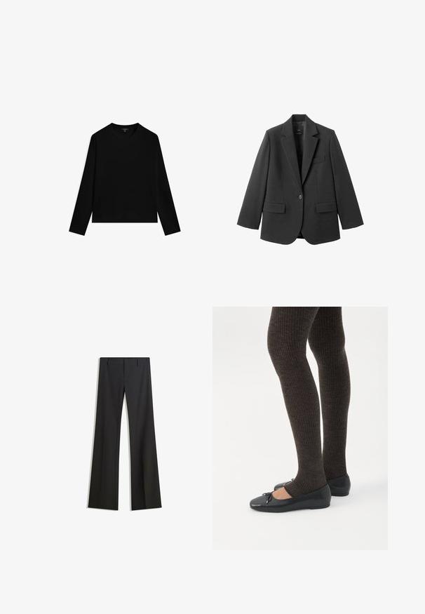 Sort blazer lavet af glat stof med en hakket revers, enkelt knaplukning og to forlommer. Enkel, skræddersyet design.; Sort langærmet top lavet af glat stof, med rund halsudskæring og cropped kant. Simpelt design uden synlige mønstre eller accenter.; Sorte, flarede bukser med en glat tekstur, der har en skræddersyet pasform og en talje. Ingen synlige mønstre eller udsmykninger.; Ben iført mørke ribbede leggings kombineret med sorte balletsko med små sløjfedetaljer på hvid baggrund.