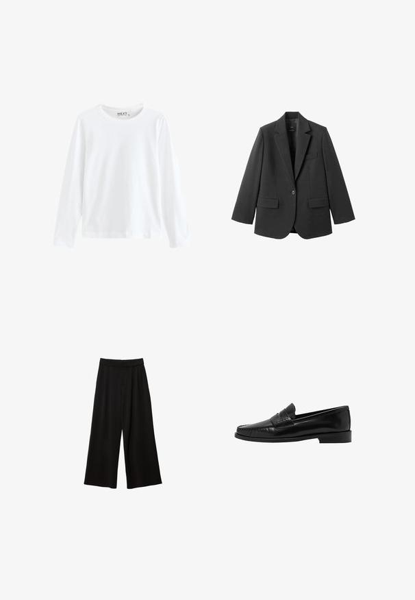 Sort blazer lavet af glat stof med en hakket revers, enkelt knaplukning og to forlommer. Enkel, skræddersyet design.; Hvid langærmet T-shirt lavet af bomuld med rund hals og enkelt design, med en jævn tekstur og ingen synlige mønstre eller accenter.; Sorte bredde-bukser med høj talje, der har læg, en glat tekstur, og uden synlige lommer eller pynt.; Mango Loafers - black