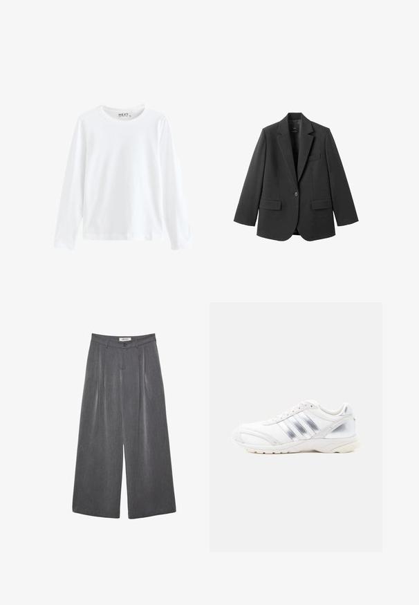 Schwarzer Blazer aus glattem Stoff mit Reverskragen, Ein-Knopf-Verschluss und zwei Vorderentaschen. Einfaches, maßgeschneidertes Design.; Langärmliges weißes T-Shirt aus Baumwolle, mit Rundhalsausschnitt und schlichtem Design, gleichmäßiger Textur und ohne sichtbare Muster oder Akzente.; Graue Hose mit weitem Bein und Falten, gefertigt aus weichem Stoff. Verfügt über einen Knopfverschluss und einen taillierten Bund.; Weißer Sportschuh mit silbernen Akzenten, strukturiertem Obermaterial, dreistreifigem Design und einer dicken Gummisohle.