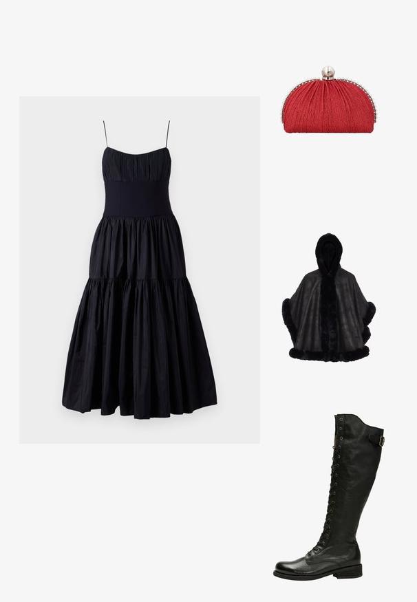 Zwarte faux fur poncho met een capuchon, zachte textuur en een contrasterende pluche afwerking langs de randen en de middenopening.; Cinq à Sept GINNY DRESS - Cocktailjurk - navy; Zwarte leren kniehoog laars met vetersluiting aan de voorkant, zilveren oogjes en een bucklet aan de zijkant. Heeft een gestructureerde afwerking en een gestapelde hak.; Rode stoffen clutch met geplooide structuur, zilveren rand versierd met kleine parels en een grote parelsluiting bovenop.