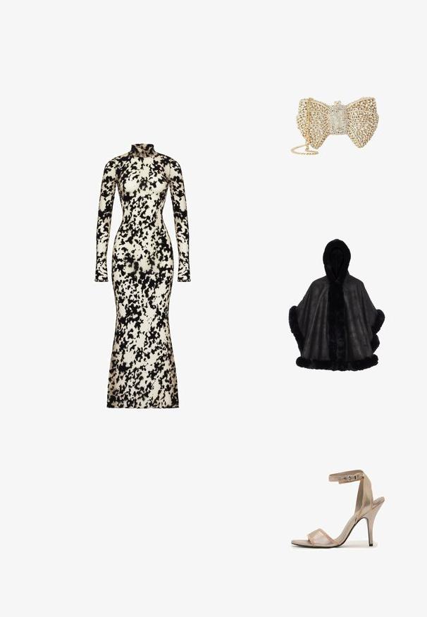 Zwarte faux fur poncho met een capuchon, zachte textuur en een contrasterende pluche afwerking langs de randen en de middenopening.; Langsleeve, getailleerde jurk van gladde stof, met een zwart en crème abstract patroon, een hoge hals en een uitlopende zoom.; Enkele metallic gouden hoge hak sandaal met enkelbandje en open teen op een witte achtergrond.; Clutch in goudkleurige strikvorm, bedekt met transparante kristallen, met een ingewikkeld lattice-ontwerp en een gouden kettingriem.