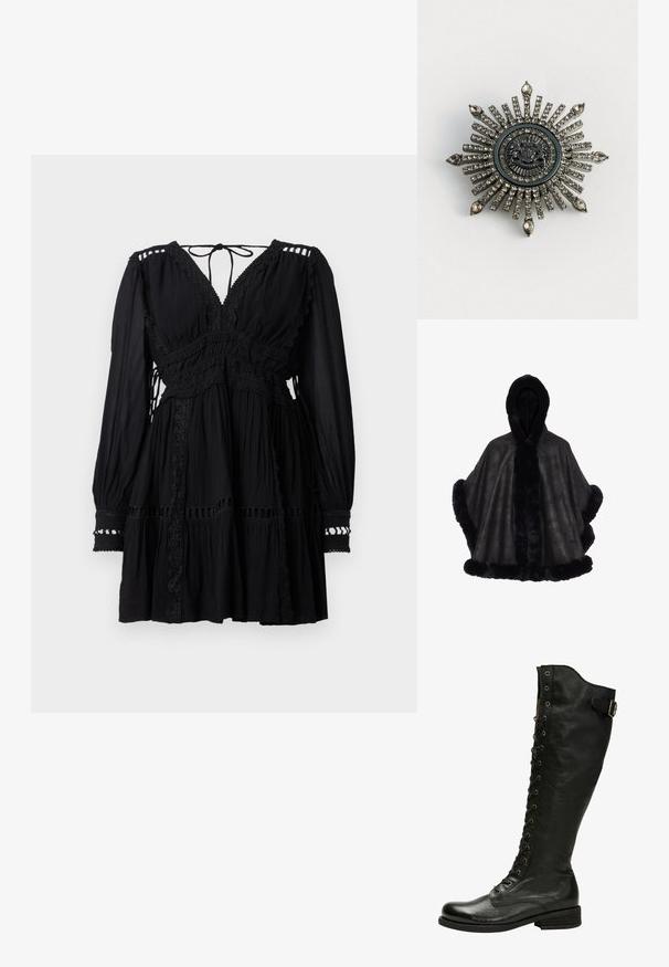 Sort faux fur poncho med hætte, blød tekstur og en kontrasterende plys trim langs kanterne og åbningen i midten.; Sort langærmet minikjole med V-udskæring, blondekant, rynket stof og bindelukning i nakken bagpå.; Sorte læder knæhøje støvler med snørebånd foran, sølvøjer og sidebælte. Har en tekstureret overflade og stablet hæl.; Stjerneformet brosche i sølvfarvet metal med klare rhinsten. Det centrale design har et rundt emblem med indviklede detaljer.