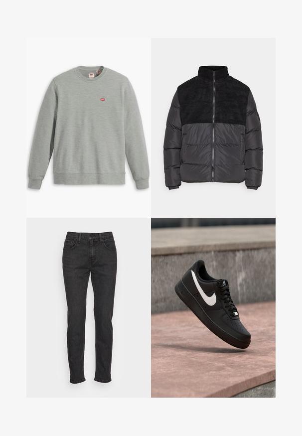 Night Addict ABEYTAU - Veste d'hiver - black; Sweatshirt gris en tissu doux. Présente un col rond et des manches longues. Affiche un petit logo rouge Levi's sur la poitrine.; Jean en denim noir avec une coupe ajustée, comportant cinq poches, des passants de ceinture et des détails de couture subtils. Texture usée sur le tissu.; Basket Nike Air Force 1 noire avec logo swoosh blanc flottant au-dessus d'une surface en pierre et d'un mur texturé gris en arrière-plan.