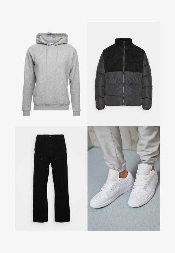 Night Addict ABEYTAU - Winterjas - black; Grijze hoodie van zacht katoen, met een voorzak, verstelbare koordjes en ribbelboorden aan de mouwen en onderkant.; Zwarte denim broek met een recht-pijp ontwerp, voorzien van gouden hardware accenten en zichtbare stiksels op de voor- en achterzakken.; Witte leren sneakers met een geperforeerde neus, platte veters, een gepolsterde kraag en het Jordan-logo op de tong. Gediend met grijze joggers.