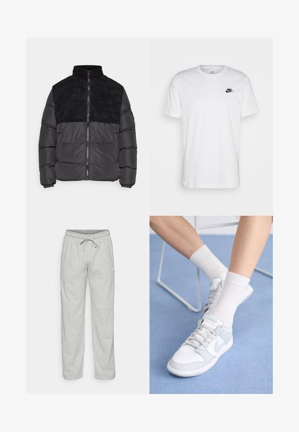Night Addict ABEYTAU - Zimná bunda - black; Biela bavlnená tričko s okrúhlym výstrihom, krátkymi rukávmi a čiernym logom Nike na ľavej hrudi. Jednoduchý, jednofarebný dizajn.; Svetlošedé teplákové nohavice vyrobené z jemného materiálu. Obsahujú elastický pás na šnurovanie a čierne logo Nike na ľavom stehne.; Biele tenisky s svetlomodrými akcentmi, kožený zvršok, perforovaná špička, hrubé šnúrky a rebrové biele ponožky na modrom pozadí.