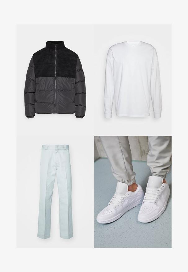 Night Addict ABEYTAU - Vinterjakker - black; Hvid langærmet T-shirt lavet af bomuld. Rund halsudskæring med ribbede manchetter og et lille logo på venstre ærme. Glat tekstur.; Lysblå bomuldsbukser med lige ben design, prydet med diskrete folder og en glat tekstur, afsluttet med et standard taljebånd.; Hvide lædersneakers har en perforeret tåboks, flade snørebånd, polstret krave og Jordan-logoet på tungen. Båret med grå joggers.