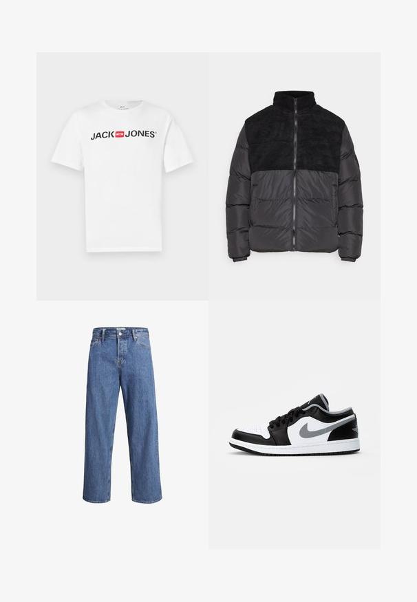 Night Addict ABEYTAU - Winterjacke - black; Weißes Baumwoll-T-Shirt mit einem großen schwarzen "JACK & JONES"-Logo und rotem Kastenakzent. Kurze Ärmel und klassischer Rundhalsausschnitt.; Hellblaue Denim-Jeans mit geradem Bein, hohem Bund und minimalen Nähdetails. Der Stoff hat eine weiche, leicht ausgewaschene Textur.; Jordan AIR JORDAN 1 - Sneaker low - black/particle grey-white