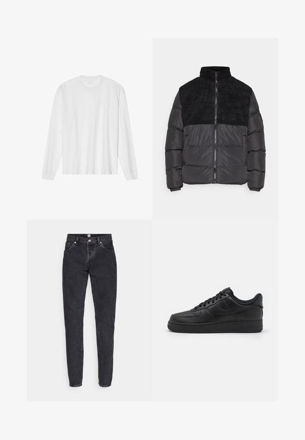 Night Addict ABEYTAU - Chaqueta de invierno - black; Camiseta blanca de algodón de manga larga con cuello redondo, con puños acanalados y dobladillo recto, textura suave y diseño minimalista.; Vaqueros de mezclilla negra con un diseño de pierna recta, que presentan un estilo de cinco bolsillos, cierre de botón y una textura sutilmente deslavada.; Nike Sportswear AIR FORCE 1 07 FLYEASE - Zapatillas - black