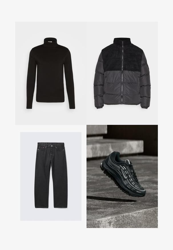 Night Addict ABEYTAU - Zimná bunda - black; Čierny rolák s dlhým rukávom vyrobený z hladkej látky s priliehavým strihom a vysokým, tesným golierom. Žiadne vzory ani akcenty nie sú viditeľné.; Čierne rifle s rovným strihom, s piatimi vreckami a zapínaním na gombík v páse, položené na svetlom pozadí.; Čierno-sivá teniska Nike Air Max vznášajúca sa nad sivými betónovými schodmi s textúrovaným pozadím zeme.