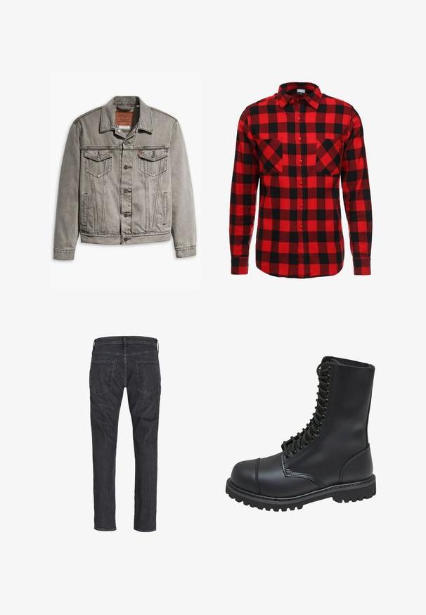 Graue Jeansjacke mit spitzem Kragen, drei Fronttaschen, Knopfverschluss und kontrastierendem Stich auf Ärmeln und Körper.; Rot-schwarz kariertes Flanellhemd mit Knopfleiste, langen Ärmeln und zwei Brusttaschen. Strukturierter Stoff mit kariertem Muster.; Dunkelgraue Jeans mit geradem Bein, von hinten gezeigt, mit zwei Gesäßtaschen und Gürtelschlaufen am Bund.; Schwarze Lederkampfstiefel mit hohem Schaft, Schnürung an der Vorderseite, gepolstertem Kragen und rutschfester, strukturierter Sohle für guten Halt. Mit verstärkter Zehenkappe.