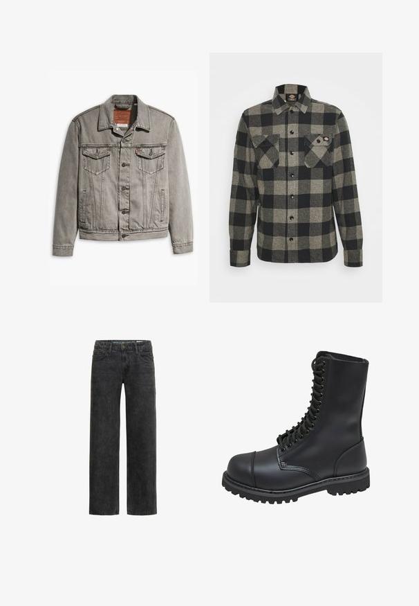 Grijze denimjack met een puntige kraag, drie voorkruisen, knoopsluiting en contrasterend stiksel op de mouwen en het lichaam.; Zwart en grijs geblokt flanellen shirt met lange mouwen, knoopsluiting aan de voorkant, twee borstzakken en een licht gebogen zoom. Gegarneerde stof.; Zwarte denim jeans met een ontspannen pasvorm, rechte pijpen, vijf-pocket ontwerp en een subtiele vervaagde textuur. Voorzien van een knoop- en ritssluiting.; Zwarte leren gevechtslaars met een hoge schacht, vetersluiting aan de voorkant, gewatteerde kraag en een stevige, gestructureerde zool voor grip. Bevat een versterkte neus.