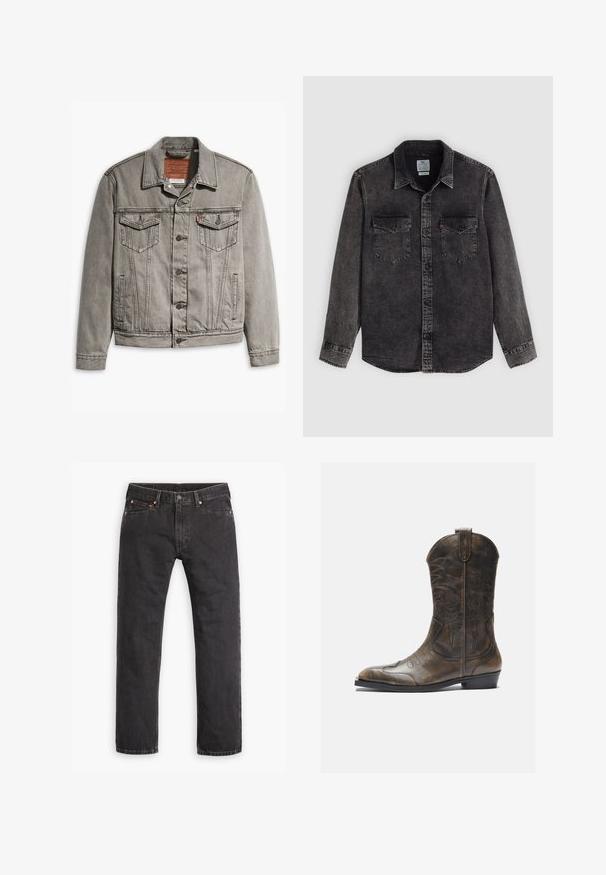 Grå denimjakke med spids krave, tre forlommer, knaplukning og kontraststing på ærmerne og kroppen.; Sort denimskjorte med knapper foran, to brystlommer og krave. Har en falmet struktur og kontrastsyninger.; Sorte straight-leg denim jeans med fem lommer, knaplukning og copper nitter liggende fladt på en hvid baggrund.; Brune læder cowboystøvle med en høj skaft, spids tå, intrikate syning mønstre og en lille hæl. Struktureret finish hele vejen igennem.