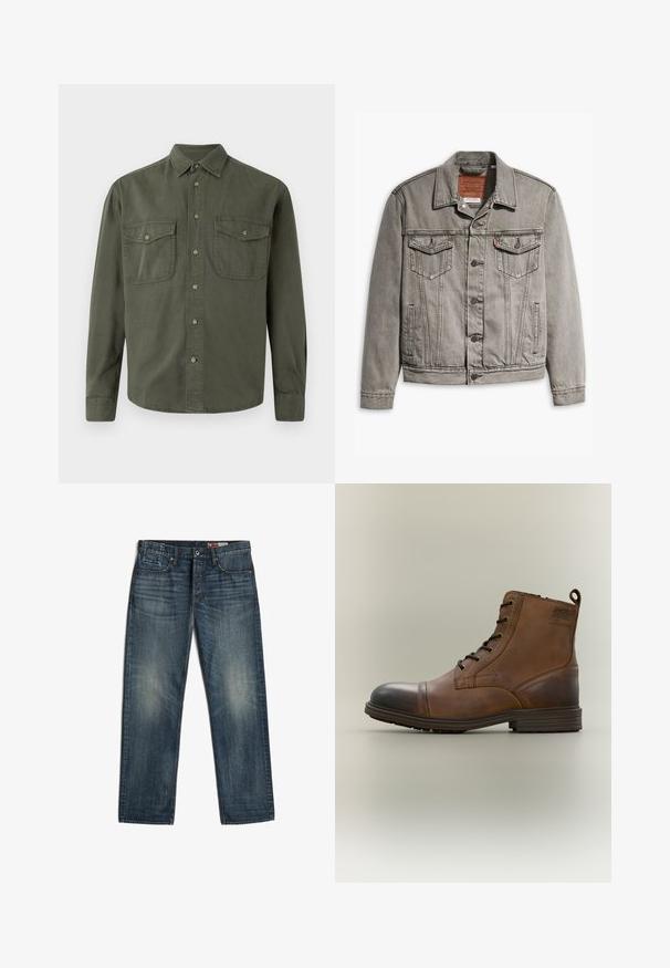 Grijze denimjack met een puntige kraag, drie voorkruisen, knoopsluiting en contrasterend stiksel op de mouwen en het lichaam.; Khaki langekootshirt van katoen. Heeft een knoopsluiting aan de voorkant, twee borstzakken met kleppen en een klassieke kraag. Eenvoudig ontwerp.; Donkerblauwe rechtbenige denim jeans met voorzakken en knoopsluiting, met subtiele vervaagde plekken op de dijen en knieën.; Bruine leren enkellaars met veters, zwarte neuskap, ronde zool en merkdetail aan de zijkant tegen een effen achtergrond.