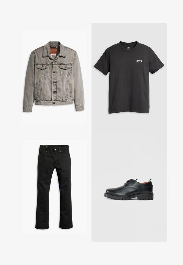 Grå denimjakke med spids krave, tre forlommer, knaplukning og kontraststing på ærmerne og kroppen.; Sort bomulds-T-shirt med korte ærmer, rund hals og hvid "Levi's"-logo trykt på venstre bryst. Blød tekstur, afslappet pasform.; Sorte denim jeans med lige ben, fem lommer, metalknaplukning og diskrete syninger. Glat tekstur og ensfarvet.; Sorte læder derby-sko med en glat overflade, rund tå, snøre-design og en tyk, robust gummisål.