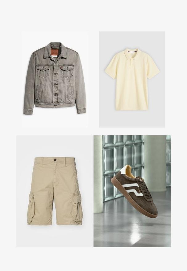 Grijze denimjack met een puntige kraag, drie voorkruisen, knoopsluiting en contrasterend stiksel op de mouwen en het lichaam.; Lichtgeel polo-shirt met korte mouwen, kraag en twee knopen, weergegeven op een lichtgrijze achtergrond.; Beige cargoshorts van katoen met zijzakken, een knoopsluiting en een recht gesneden ontwerp. Zachte textuur.; Bruine suède sneaker met witte zijstrepen en een gumzool, getoond zwevend binnen op een gepolierde betonnen vloer bij glasblokken.