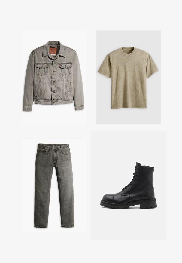 Graue Jeansjacke mit spitzem Kragen, drei Fronttaschen, Knopfverschluss und kontrastierendem Stich auf Ärmeln und Körper.; Helles braunes T-Shirt mit kurzen Ärmeln und Rundhalsausschnitt, aus weichem Stoff gefertigt. Verfügt über ein kleines, gesticktes Logo auf der Brust.; Graue Jeans aus Denim mit geradem Bein, klassischem Fünf-Taschen-Design und dezenten Nähten an den Säumen und Taschen.; AllSaints HANK - Schnürstiefelette - black