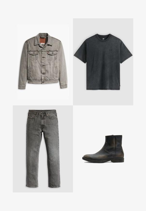 Graue Jeansjacke mit spitzem Kragen, drei Fronttaschen, Knopfverschluss und kontrastierendem Stich auf Ärmeln und Körper.; Schwarz gewaschenes Baumwoll-T-Shirt mit kurzen Ärmeln, Rundhalsausschnitt und kleinem Levi’s-Logo auf der linken Brust.; Graue Jeans aus Denim mit geradem Bein, ausgestattet mit fünf Taschen, kupfernen Nieten und sichtbaren Nähten. Klassisches Design mit Reißverschluss.; AllSaints LANG - Stiefelette - brown