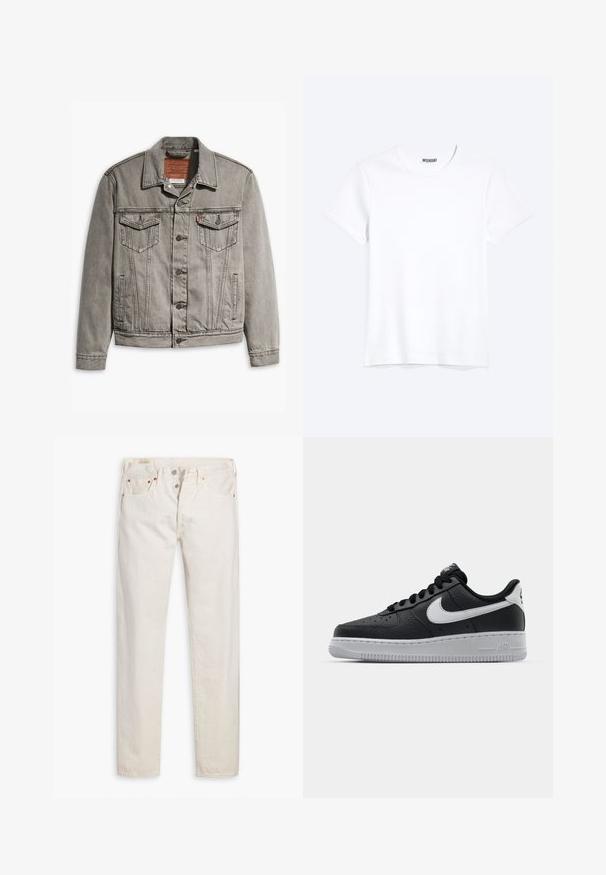 Grijze denimjack met een puntige kraag, drie voorkruisen, knoopsluiting en contrasterend stiksel op de mouwen en het lichaam.; Effen witte T-shirt met korte mouwen en ronde hals met een zichtbaar WEEKDAY-merklabel bij de nek, weergegeven op een lichte achtergrond.; Oudwitte high-rise slim-fit jeans met knoopsluiting, vijf zakken en koperen klinknagels, plat gelegd op een witte achtergrond.; Zwarte lederen sneaker met een textuur oppervlak, witte Nike swoosh, grijze zool, ronde neus en vetersluiting. Bevat perforaties op de neus.