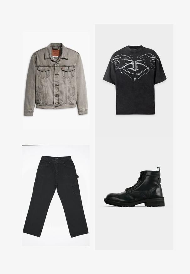 Grijze denimjack met een puntige kraag, drie voorkruisen, knoopsluiting en contrasterend stiksel op de mouwen en het lichaam.; Zwart oversized T-shirt met wit symmetrisch abstract tribal ontwerp over borst en schouders.; Zwarte denim broek met een rechte pijpdesign, voorzien van een knoopsluiting aan de voorkant, achterzakken en een zijvak voor cargo.; Zwarte leren veter enkellaars met een dikke zool en een aantreklus aan de achterkant, zijaanzicht op een witte achtergrond.