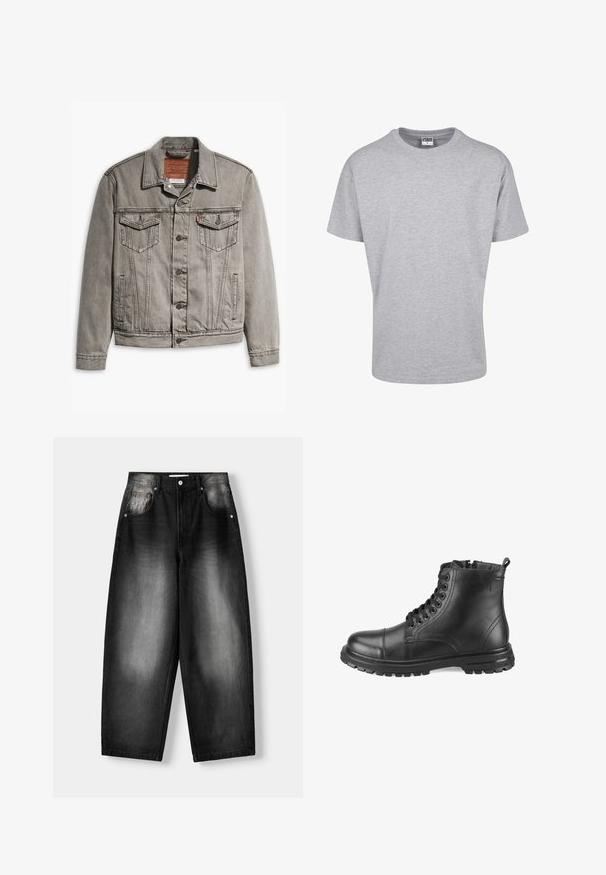 Grijze denimjack met een puntige kraag, drie voorkruisen, knoopsluiting en contrasterend stiksel op de mouwen en het lichaam.; Grijze katoenen t-shirt met een ronde halslijn en korte mouwen. Eenvoudig ontwerp, geen patronen of accenten. Klassieke ontspannen pasvorm.; Zwarte denim jeans met een wijde pijp, met een vervaagde gradient van donker naar licht, vijf zakken en een knoopsluiting.; Zwarte leren enkelboots met een ronde neus, vetersluiting aan de voorkant, textuur op het oppervlak en een chunky rubberen zool met een trekhaak aan de achterkant.
