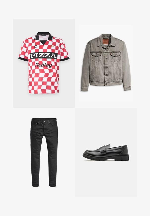 Graue Jeansjacke mit spitzem Kragen, drei Fronttaschen, Knopfverschluss und kontrastierendem Stich auf Ärmeln und Körper.; Rot-weiß kariertes Kurzarmtrikot mit schwarzem Kragen, "PIZZA"-Logo und zwei Sternen über dem Markennamen. Glatte Stofftextur.; Schwarze Slim-Fit-Jeans mit Fronttaschen, Gürtelschlaufen und einer Knopfverschluss, vor einem weißen Hintergrund präsentiert.; Schwarze Lederloafer mit einem breiten Riemen über dem Rist, Gummisohle mit dicken Profilen und glatter Textur. Klassisches, schlankes Design.