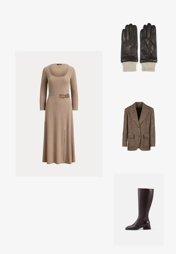 Brauner Glencheck-Blazer aus strukturiertem Stoff, mit großen Revers, zwei Knöpfen und zwei vorderen Taschen.; Braunes Kleid mit langen Ärmeln, quadratischem Ausschnitt und tailliertem Gürtel mit einer Metall-Schnalle. Der Stoff ist weich mit einem leichten Schimmer und hat einen seitlichen Schlitz.; Knöchelhohe, braune Lederstiefel mit glatter Oberfläche, abgerundeter Spitze und gestapeltem schwarzen Absatz. Schlichtes Design mit minimalen Hardware-Details.; Braune Lederhandschuhe mit gerippten cremefarbenen Strickbündchen. Sie verfügen über Fingertrennung und eine seitliche Akzentuierung, die eine glatte Textur zeigt.
