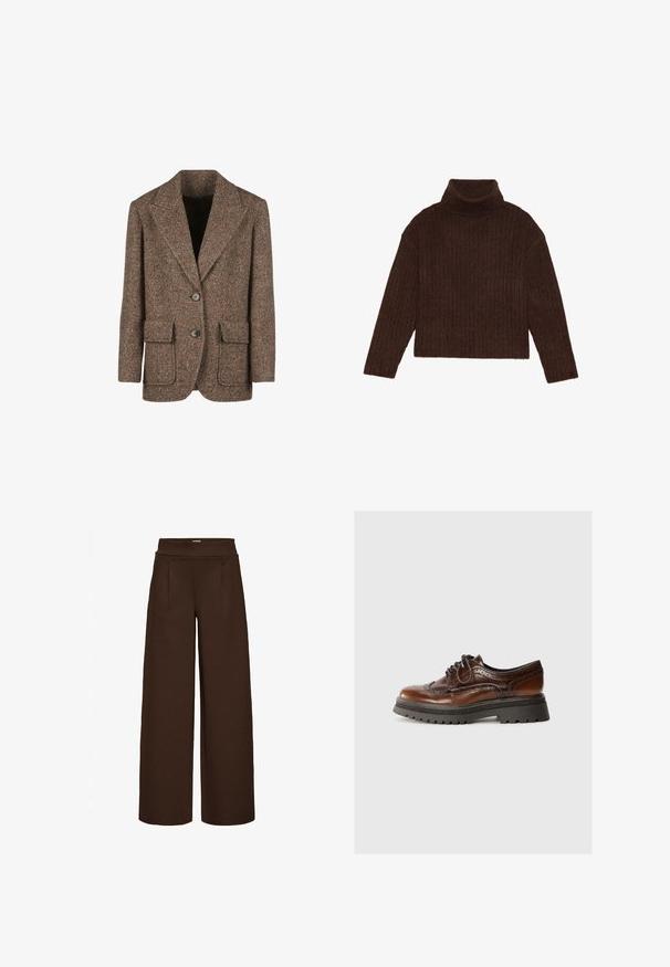 Hnedý blazer v herringbone vzore, vyrobený z textúrovanej látky, s veľkými klopami, dvoma gombíkmi a dvoma prednými vreckami.; Hnedý rebrovaný rolák s dlhými rukávmi a skráteným strihom, s hustým, textúrovaným pletením.; Hnedé široké nohavice vyrobené z hladkej tkaniny, s vysokým pásom a dvoma prednými plisovaním, navrhnuté na voľný strih.; Hnedé kožené šnurovacie topánky s broguovaním, gumovou podrážkou a kontrastným čiernym štruktúrovaným podpätkom. Hladký povrch s klasickým dizajnom.