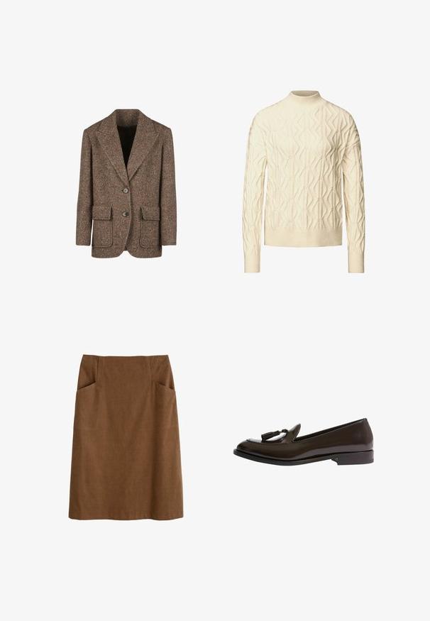 Brun hørfrakke i herringbone-mønster lavet af tekstureret stof, med store revers, to knapper og to forlommer.; Cremefarvet strikket sweater med et struktureret geometrisk mønster, ribbede manchetter og kant, samt rund hals. Fremstillet af et blødt, varmt stof.; Brun bomuldsnederdel med en tætsiddende talje, to sidelommer og lige snit. Stoffet har en blød tekstur og en subtil glans.; Scarosso SIENNA RIGHT - Loafers - brown brushed calf
