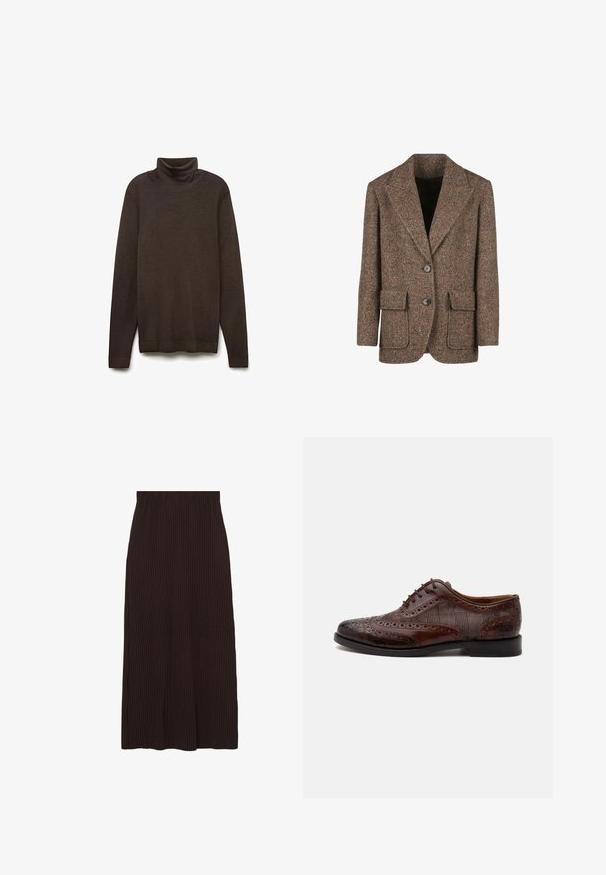 Brun hørfrakke i herringbone-mønster lavet af tekstureret stof, med store revers, to knapper og to forlommer.; Brun turtleneck sweater lavet af blødt stof. Har lange ærmer, en høj hals og en lige afslutning. Glat tekstur, minimalistisk design.; Brun ribbet nederdel med mellemlang skæring og elastisk talje. Stoffet har en struktureret overflade med lodrette striber.; Brun læder herre wingtip selskabssko med brogue-detaljer og ternede stofsider, vist fra siden på en hvid baggrund.