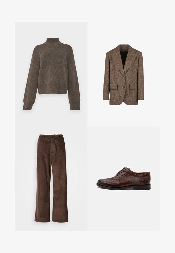 Hnedý blazer v herringbone vzore, vyrobený z textúrovanej látky, s veľkými klopami, dvoma gombíkmi a dvoma prednými vreckami.; Hnedý pletený sveter s vysokým golierom a voľným strihom. Má dlhé rukávy a mäkkú, textúrovanú látku.; Hnedé kordové nohavice so širokým strihom, s vertikálnymi rebrami a pásom. Tkanina má jemný, textúrovaný vzhľad.; Hnedá kožená pánska elegantná obuv wingtip so vzorom brogue a károvanými látkovými bočnými panelmi, zobrazená z boku na bielom pozadí.