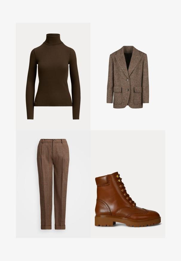 Hnedý blazer v herringbone vzore, vyrobený z textúrovanej látky, s veľkými klopami, dvoma gombíkmi a dvoma prednými vreckami.; Tmavohnedý rebrovaný rolák s dlhým rukávom, priliehavým strihom a malým logom približne pri dolnom okraji na prednej ľavej strane.; Hnedé kárované nohavice s prispôsobeným strihom, s plisovaním, gombíkovým zapínaním a manžetami na spodnom okraji. Textúrovaná látka s oranžovými akcentmi.; Hnedé kožené členkové boty s okrúhlym špičkou, zlatými očkami a brogue detailmi. Robustná hnedá gumová podrážka s textúrovaným vzorom.