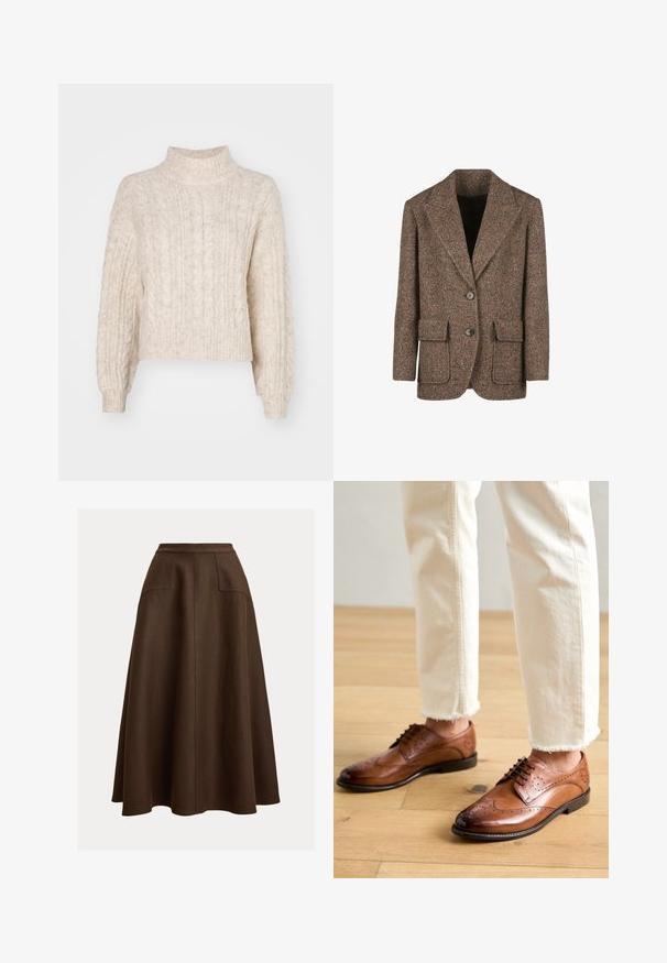 Brun hørfrakke i herringbone-mønster lavet af tekstureret stof, med store revers, to knapper og to forlommer.; Cremefarvet cropped sweater med høj hals, der har et tekstureret kabelstrikket mønster og lange, let puffede ærmer.; Brun linned A-formet nederdel med høj talje, der har to forlommer og en glat tekstur, som falder under knæet.; Brune læder brogue sko med perforerede detaljer, rund tå og en glat overflade, parret med cremede bukser med frynset kant.