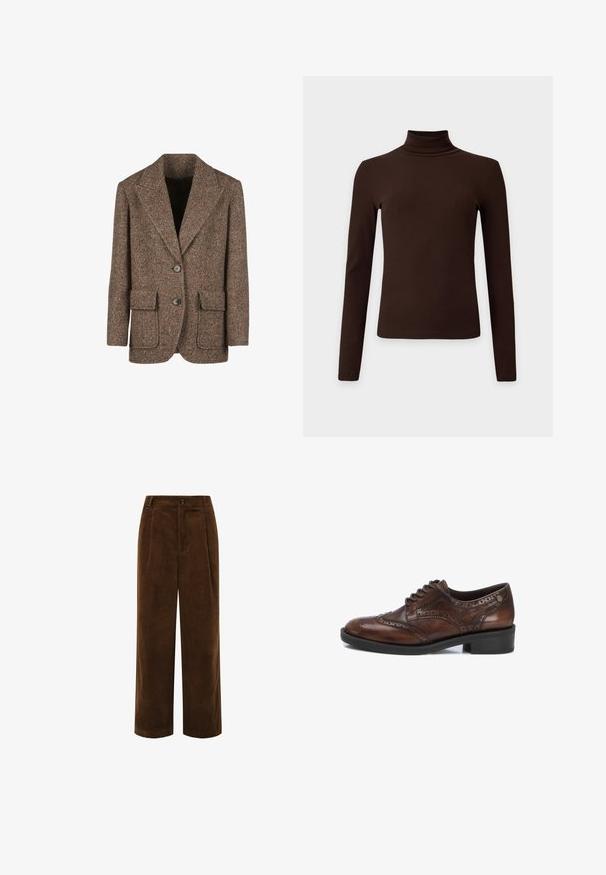 Blazer marrón en espiga hecho de tejido texturizado, con grandes solapas, dos botones y dos bolsillos frontales.; Top de cuello alto acanalado de manga larga en marrón oscuro con silueta ajustada sobre fondo liso y claro.; Pantalones de pana marrón de pierna ancha con cierre frontal de botones, bolsillos laterales y cintura alta.; Zapato de vestir de cuero marrón con diseño de punta de ala, detalles perforados, puntera redonda y suela de goma negra. Presenta un cierre clásico con cordones.
