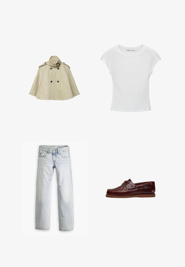 Beige cropped trenchcoat med dobbeltradede sorte knapper, høj krave med spænde, skulderklapper og to sidelommer.; Hvid bomuld t-shirt med korte, opsmøgede ærmer, rund halsudskæring og lige kant. Glat tekstur uden synlige mønstre eller detaljer.; Lyseblå denimjeans med en afslappet pasform, høj talje og fem-lomme design. Har syning detaljer og knaplukning.; Brun læder bådsko med snørre, syningsdetaljer og Timberland-logo på siden, vist på en hvid baggrund.