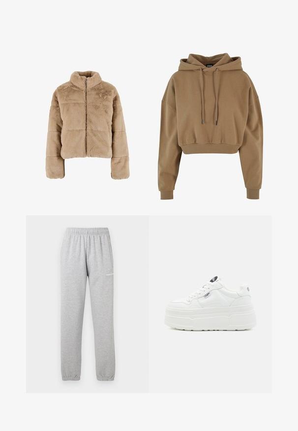 Bež faux fur lühikesed jakk kõrge kraega, ees lukuga ja tikkimisega paneelid. Pehme tekstuur ja lõdva istuvusega, laiad varrukad.; Pruun lühike kapuutsiga sviiter, mis on valmistatud pehmest kangast. Omab reguleeritavat kapuutsi ja soonikuid varrukates, omades vaba lõike kujundust.; Hallid hallid dressipüksid pehmest kangast, millel on elastne vöökoht, kinnised pahkluud ja küljetasku. Logo on trükitud vasakule reiele.; Valged platvormiksneakerid siledast sünteetilisest materjalist, ümmarguse varbaga, polsterdatud kaelusega ja tekstureeritud tallaga. Omab kontrastset logotagi.