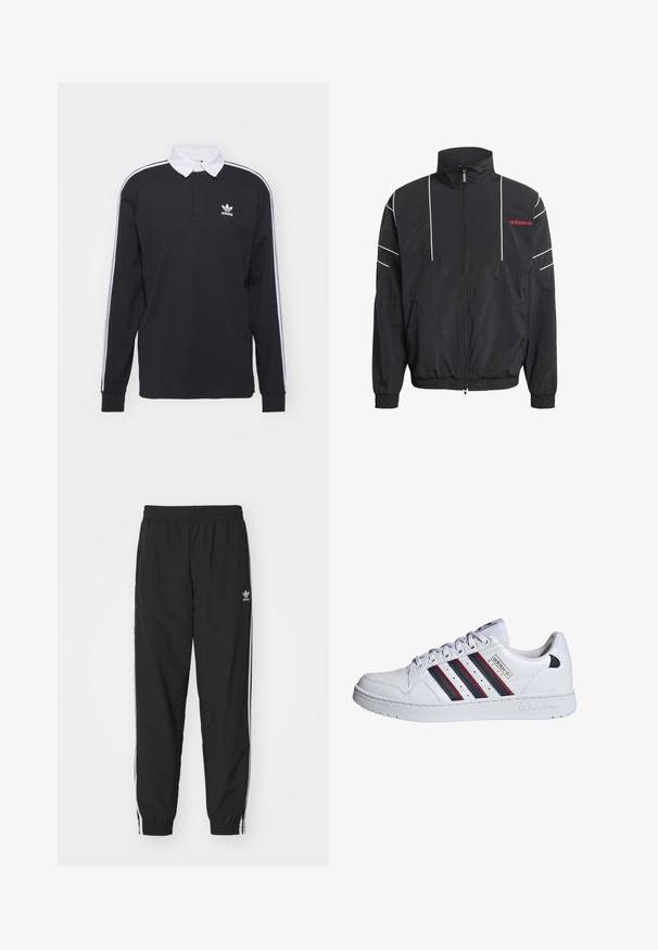 Μαύρο αδιάβροχο μπουφάν Adidas με ψηλό γιακά, εμπρόσθιο φερμουάρ, λευκές ρίγες ως διακοσμητικά, ελαστικά μανίκια και δύο πλαϊνές τσέπες. Κόκκινο λογότυπο στο στήθος.; Μαύρο πόλο μπλουζάκι με μακριά μανίκια και λευκό γιακά, με τρεις λευκές ρίγες κατά μήκος των μανικιών; διαθέτει κεντημένο λογότυπο Adidas στο στήθος.; Μαύρη φόρμα με ελαστική μέση και μανσέτες, με λευκές ρίγες στο πλάι και ένα μικρό λευκό λογότυπο της Adidas στο αριστερό ισχίο.; adidas Originals Αθλητικά παπούτσια - white