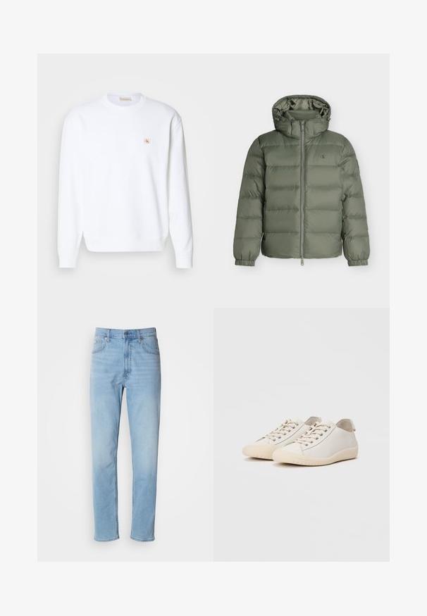 Olivengrøn dunjakke med hætte, fuld lynlås foran, elastiske manchetter og lille logo på venstre bryst og ærme.; Hvid sweatshirt med lange ærmer, rund hals og ribbede manchetter. Har et lille logo i rød og beige på venstre brystområde. Glat tekstur.; Lys blå denim jeans med lige pasform, fem lommer og bæltestropper. Stoffet har en glat overflade med en let falmningseffekt.; Hvide sneakers lavet af glat læder med tonede stikninger, snørebåndslukning, rund tå og en tekstureret gummisål.
