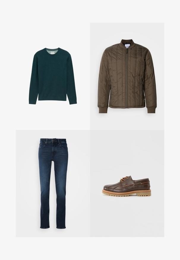 Blouson matelassé en vert olive foncé, avec une fermeture éclair sur le devant, des poignets côtelés et deux poches latérales. Matériau lisse et léger.; Sweat-shirt à manches longues vert foncé avec un col rond côtelé, texture douce et un détail de logo subtil à l'avant. Coupe classique.; Jeans en denim bleu foncé avec une coupe droite, style cinq poches, fermeture à bouton à l'avant et légères décolorations sur les cuisses.; Chaussure à lacets en cuir marron avec une finition texturée, semelle en caoutchouc de couleur crème, coutures décoratives et accents en métal sur les côtés.