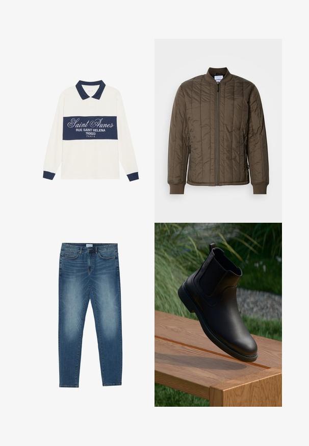 Quiltet bomberjakke i mørke olivengrøn, med lynlås foran, ribbede manchetter og to sidelommer. Glat, letvægtsmateriale.; Langærmet polo shirt, creme og marineblå, i en bomuldsblanding. Har et marineblåt bånd med hvid tekst og en klassisk krave med marineblå kant.; Denimjeans i midtblå med en falmet vask, fem-lomme design, lige ben pasform og broderede detaljer. Knap- og lynlåslukning.; Sort læderankelstøvle med elastiske sidepaneler, rund tå og en struktureret gummisål, hængende over et træbord.