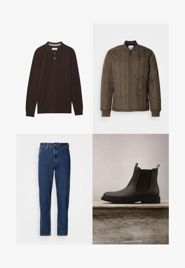 Cazadora bomber acolchada en un verde oliva oscuro, con cierre de cremallera en la parte frontal, puños acanalados y dos bolsillos laterales. Material suave y ligero.; Camisa polo de manga larga en algodón marrón oscuro, con cuello, tapeta de tres botones y acentos de rayas blancas. Textura suave.; Jeans de mezclilla de color azul oscuro, con diseño de pierna recta, estilo de cinco bolsillos y costuras visibles a lo largo de las costuras.; Botín Chelsea de cuero negro con paneles laterales elásticos y tiradores, flotando sobre un banco de madera al aire libre con un fondo de hierba.