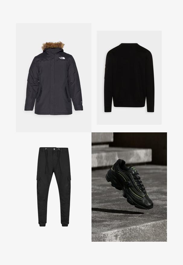 Parka negra de invierno con capucha forrada de piel, bolsillos laterales con cremallera y un logo en el pecho, que cuenta con una superficie exterior suave.; Sudadera negra de manga larga, con cuello redondo, puños y dobladillo acanalados, que presenta un bolsillo con cremallera en la manga izquierda. Textura suave.; Pantalones cargo negros entallados con puños elásticos, cierre frontal de botón y cremallera, cintura con cordón y bolsillos con solapa en cada muslo.; Zapatilla negra de New Balance con detalles en verde neón suspendida sobre escalones de hormigón gris con poca luz.
