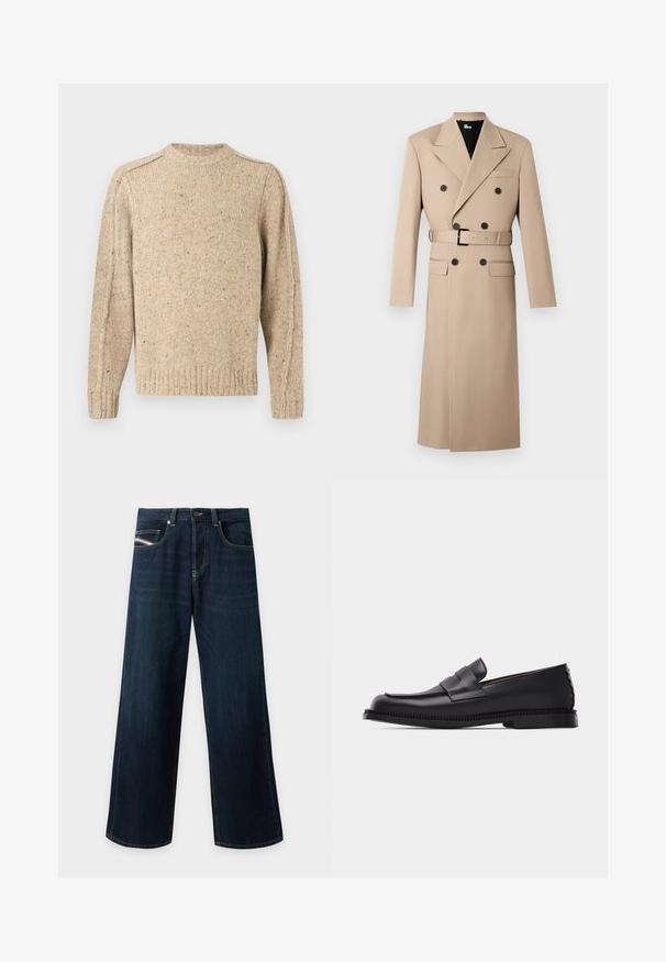 Beige double-breasted trench coat with large black buttons, a belt at the waist, and a notched lapel, displayed against a plain background.; Beige knitted sweater with subtle multicolor speckles, long sleeves, ribbed cuffs, hem, and crew neckline.; Dark blue wide-leg jeans with front pockets, belt loops, and a button closure at the waist.; Black leather penny loafer with a low heel, rounded toe, and decorative strap across the upper, set on a plain light background.