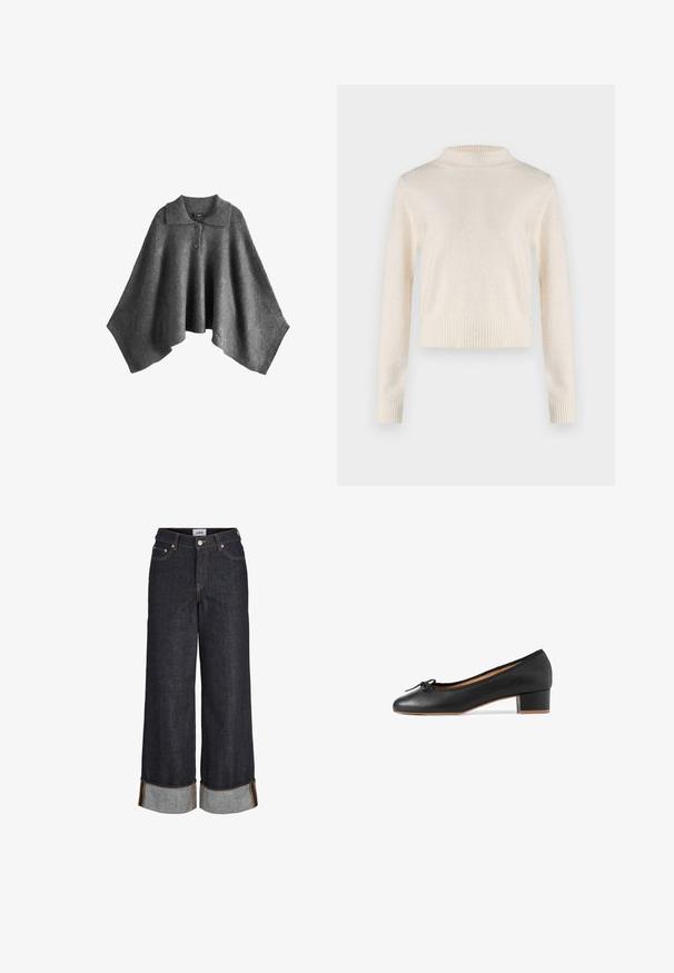 Poncho en laine grise avec un col, muni d'une fermeture à bouton au niveau du cou, et une forme fluide et ample. Texture douce sans motifs visibles.; Pull crème à manches longues avec un col haut. Texture douce, taille et poignets côtelés. Tissu léger avec un léger éclat.; Jean large bleu foncé avec ourlets retroussés, cinq poches et surpiqûres contrastantes jaunes.; Ballerines en cuir noir avec un bout arrondi, un petit talon bloque et une bordure en tissu. Présente un nœud décoratif sur la zone des orteils.